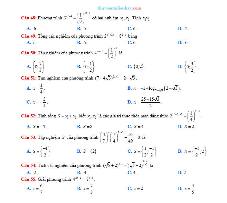 60 Câu Hỏi Trắc Nghiệm Toán 11: Phương Trình Mũ Có Đáp Án Chi Tiết