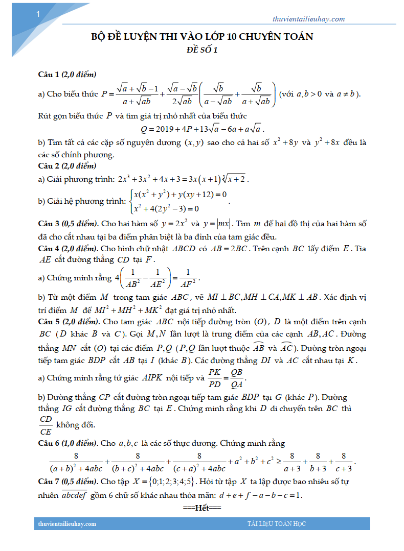 Bộ Đề Ôn Thi Vào Lớp 10 Chuyên Toán Rất Hay