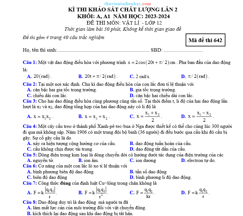 Đề KSCL Thi Tốt Nghiệp Môn Vật Lí Năm 2024 THPT Đội Cấn Lần 2