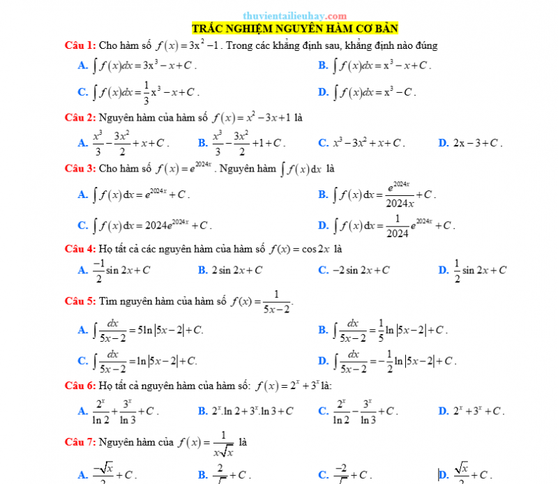20 Câu Trắc Nghiệm Toán 12: Nguyên Hàm Sử Dụng Định Nghĩa Và Tính Chất