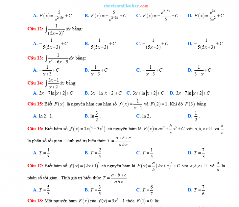 20 Câu Trắc Nghiệm Toán 12: Nguyên Hàm Sử Dụng Định Nghĩa Và Tính Chất