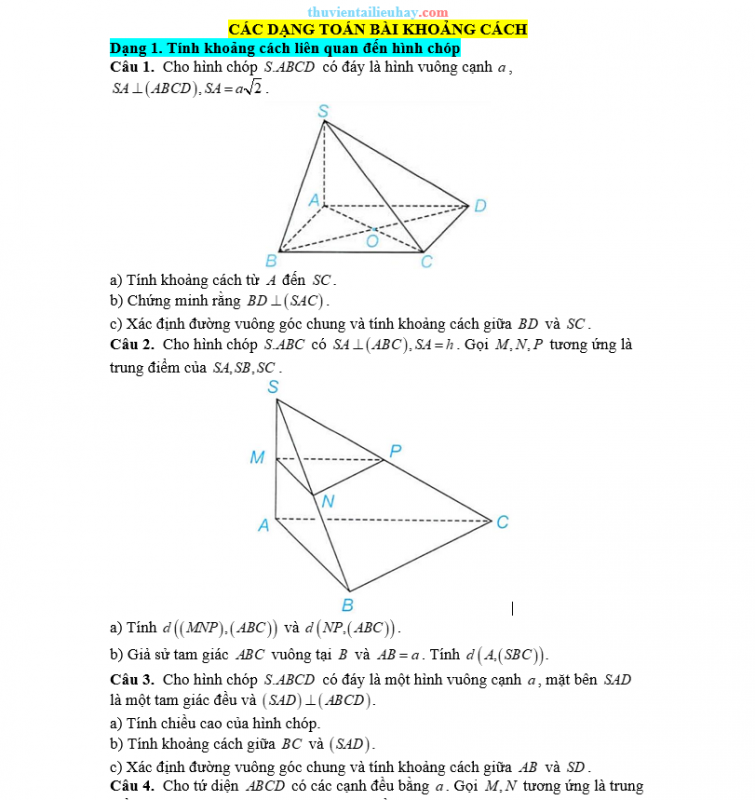 Các Dạng Bài Toán Khoảng Cách Lớp 11 Có Đáp Án