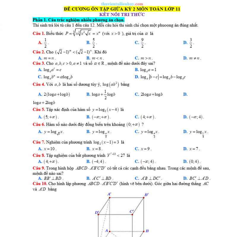 Đề Cương Ôn Tập Giữa Học Kỳ 2 Môn Toán Lớp 11 Kết Nối Tri Thức