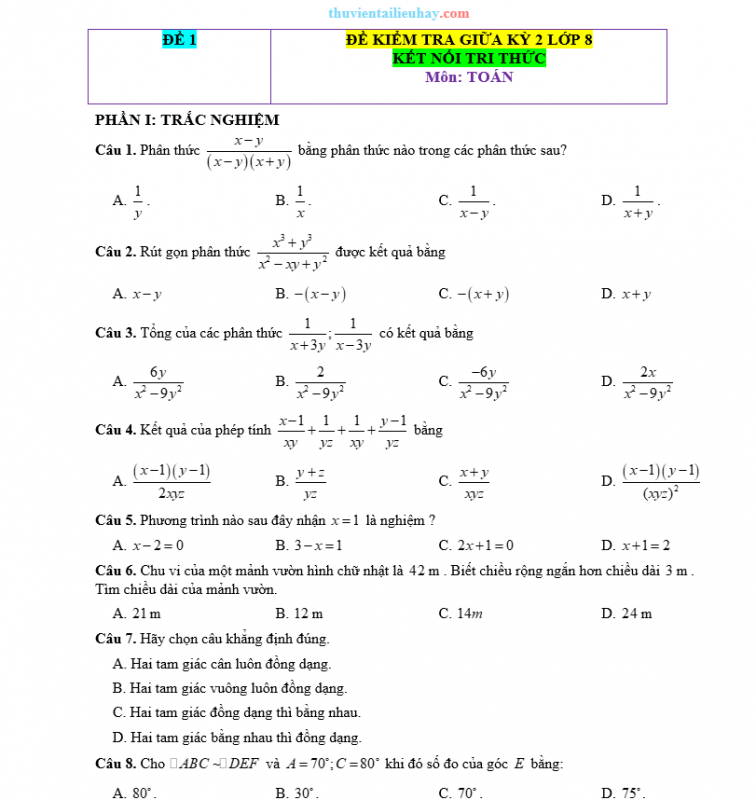 Đề Kiểm Tra Giữa Học Kỳ 2 Môn Toán Lớp 8 KNTT Đề 1
