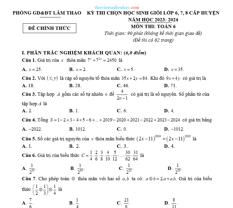 Đề Thi HSG Môn Toán 6 Huyện Lâm Thao 2023-2024