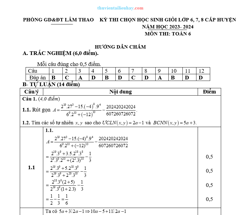 Đề Thi HSG Môn Toán 6 Huyện Lâm Thao 2023-2024