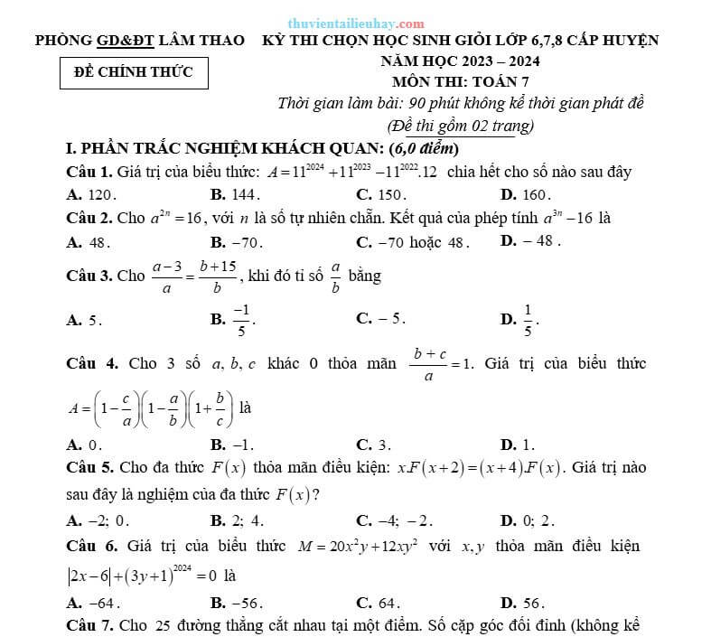 Đề Thi HSG Môn Toán Lớp 7 Huyện Lâm Thao 2023-2024
