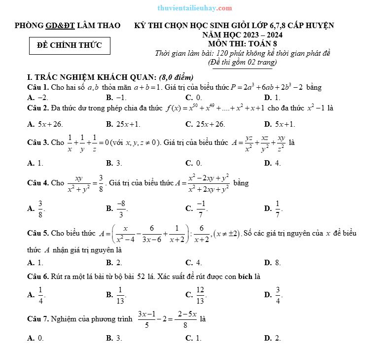 Đề Thi HSG Môn Toán Lớp 8 Huyện Lâm Thao 2023-2024