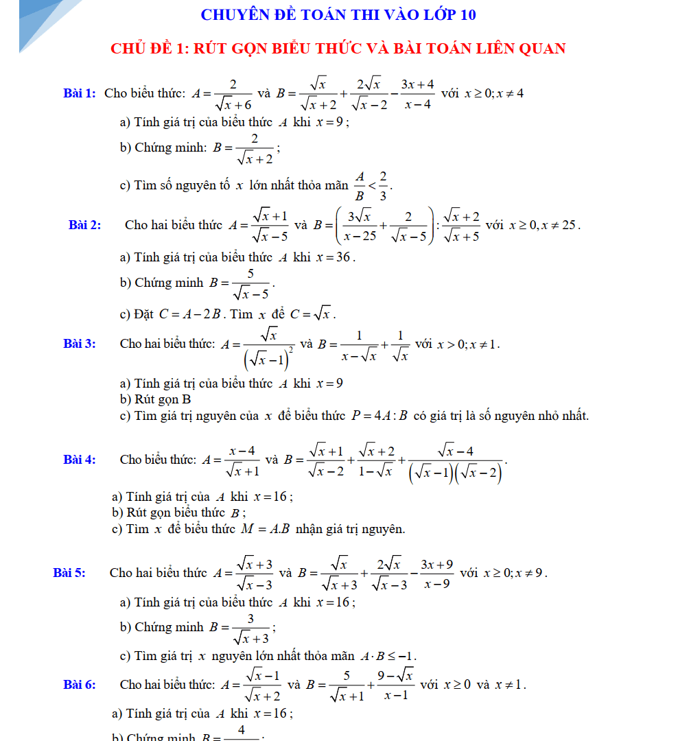 Tổng Hợp Các Bài Toán Theo Chủ Đề Luyện Thi Vào Lớp 10