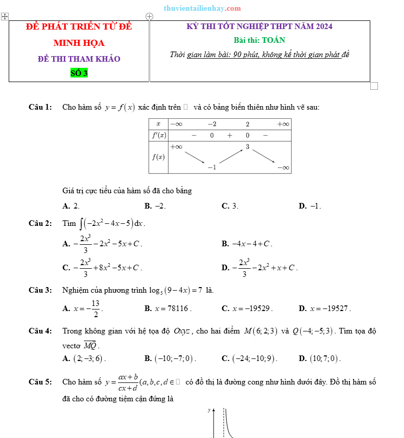 Đề Ôn Thi Tốt Nghiệp 2024 Môn Toán Bám Sát Đề Minh Họa Đề 3
