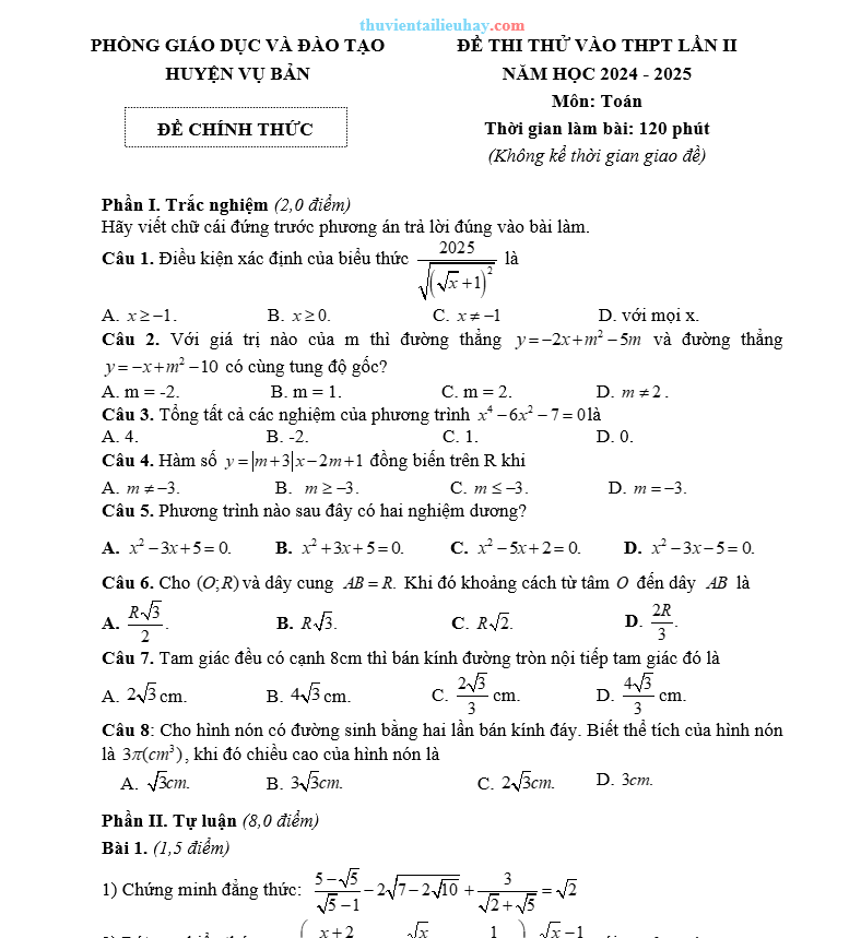 Đề Thi Thử Môn Toán Vào Lớp 10 Phòng GD Vụ Bản 2024-2025 Lần 2