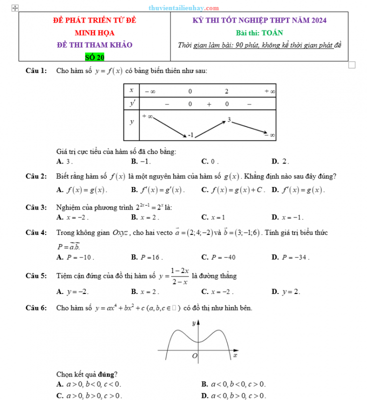 Đề Ôn Thi Tốt Nghiệp 2024 Môn Toán Bám Sát Đề Minh Họa Đề 20