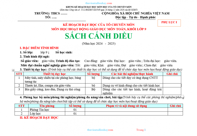 Kế Hoạch Dạy Học Toán 9 Cánh Diều Cả Năm