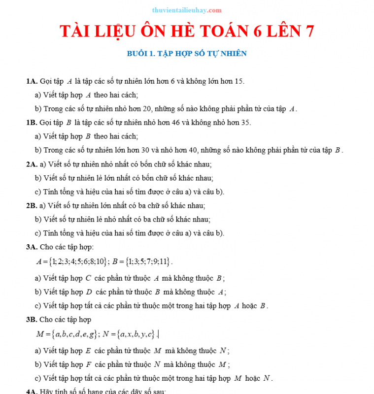 Tài Liệu Ôn Hè Toán 6 Lên 7 Theo Từng Buổi Có Đáp Án