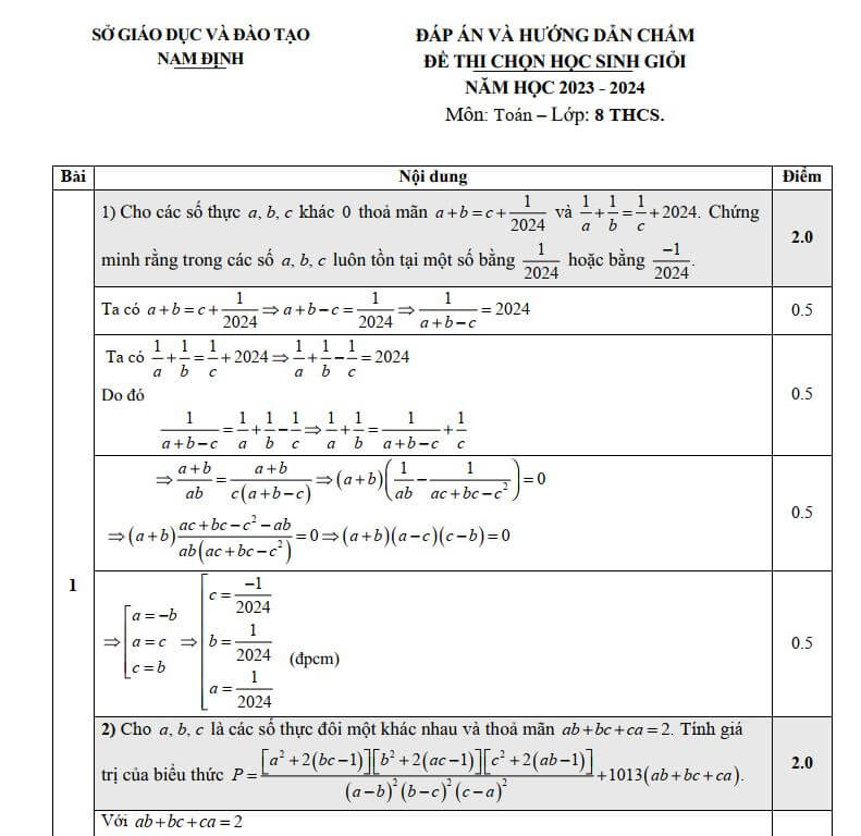 Đề Thi Học Sinh Giỏi Toán 8 Năm 2023 - 2024