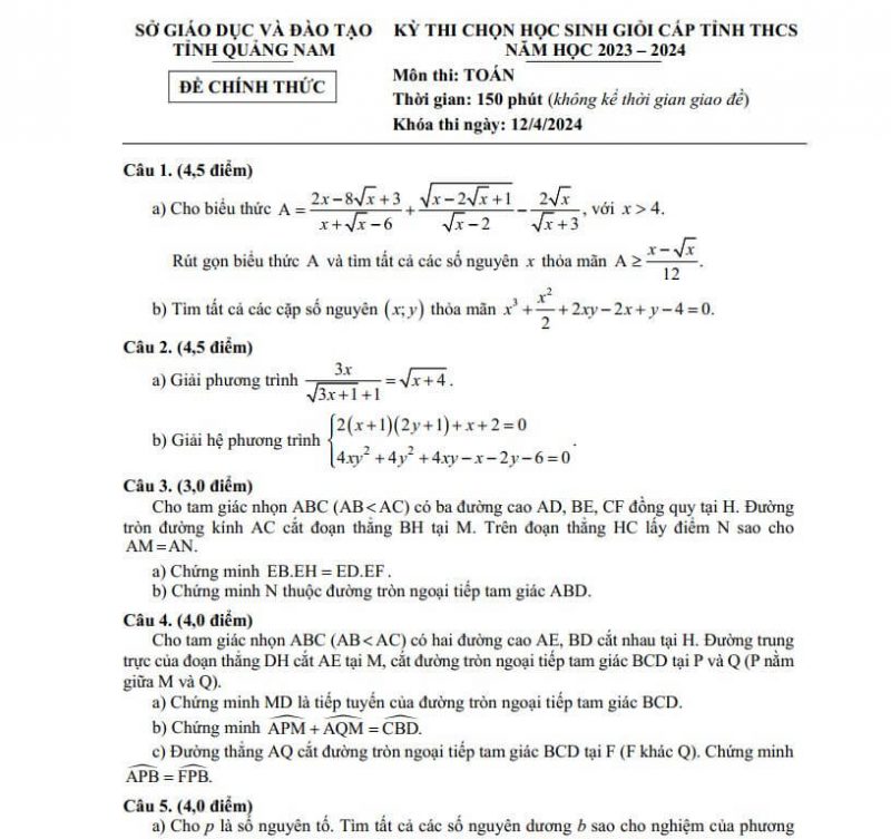 Đề Thi HSG Toán 9 Quảng Nam 2023-2024