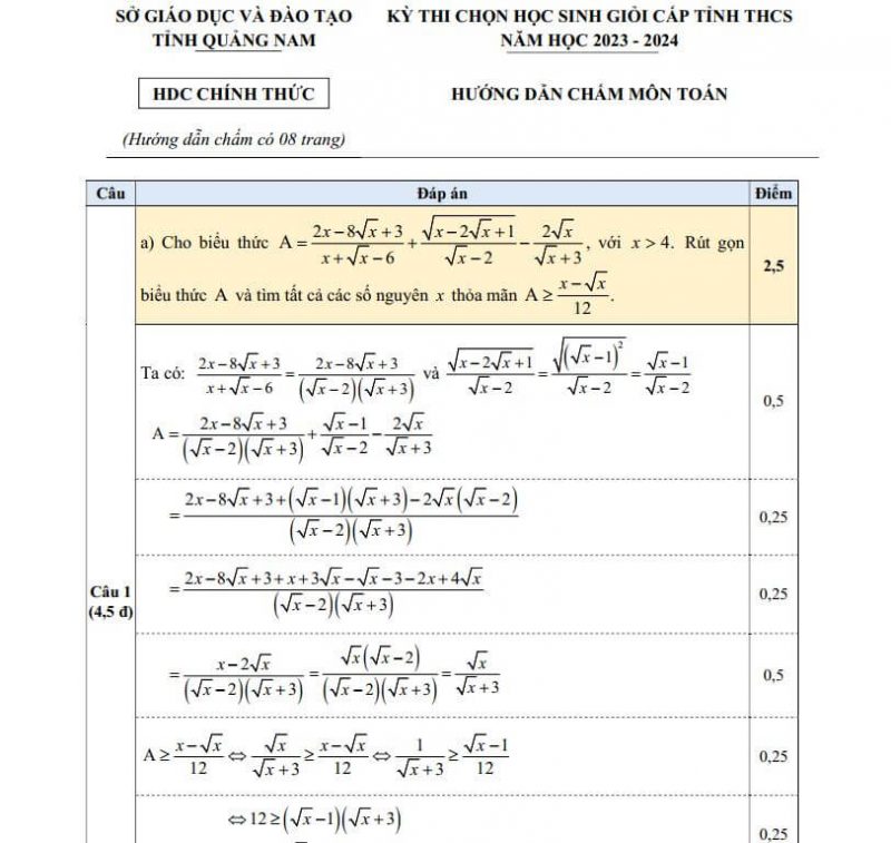 Đề Thi HSG Toán 9 Quảng Nam 2023-2024